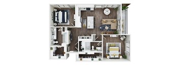 A top-down view of a small apartment with a kitchen, living room, and bedroom.
