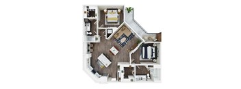 A top-down view of a house layout with a kitchen, living room, and bedrooms.