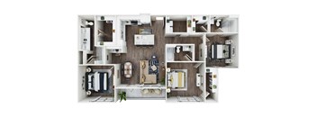 A floor plan of a house with multiple rooms and furniture layouts.