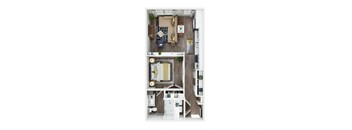 A floor plan of a small apartment with a kitchen, living room, and bathroom.