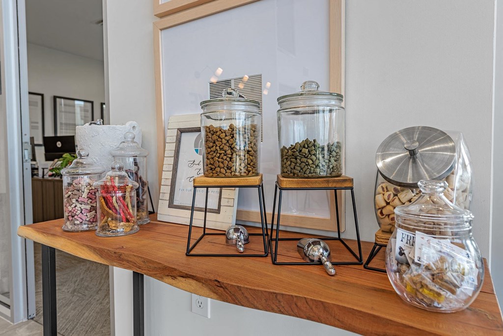 a wooden shelf with three glass jars filled with coffee beans and other items  at Presidium Revelstoke, Fort Worth, TX