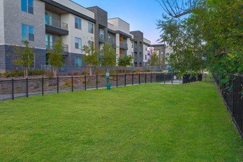 a grassy area with a fire hydrant and apartment buildings in the background  at Presidium Revelstoke, Fort Worth, 76131