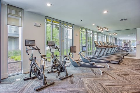 a gym with rows of exercise bikes and windows  at Presidium Revelstoke, Fort Worth