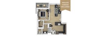 a floor plan of a private garage with a bedroom and a living room
