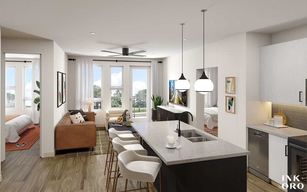 an open floor plan with a kitchen and living room