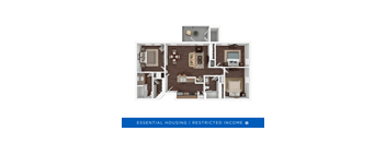 A floor plan of a small apartment with a living room, kitchen, and bedrooms.