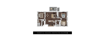 A diagram of a house layout with the text "ESSENTIAL HOUSING | RESTRICTED INCOME".