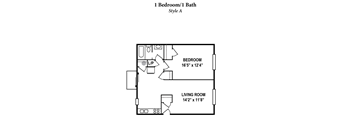 A floor plan of a 1 bedroom/1 bath style apartment.