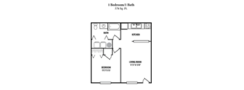 A floor plan of a 1 Bedroom/1 Bath apartment sized at 576 square feet.