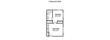 A floor plan of a 1 bedroom/1 bath apartment.