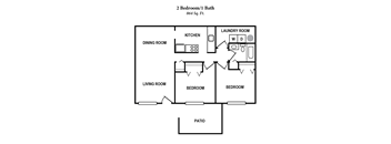 A floor plan of a 2 Bedroom/1 Bath apartment.