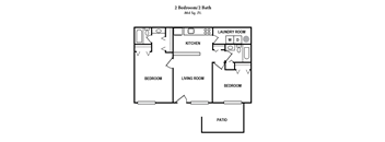 A floor plan of a 2 bedroom/2 bath apartment sized 864 square feet.