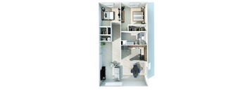A modern apartment layout with a living area, kitchen, and bathroom.