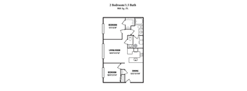 A drawing of a 2 Bedroom/1.5 Bath apartment at 988 Sq. Ft.