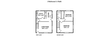 A floor plan for a 2 bedroom/1.5 bath home.