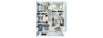A top-down view of a small apartment with a living room, kitchen, and bedroom.
