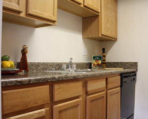 a kitchen with wooden cabinets and granite counter top and a sink