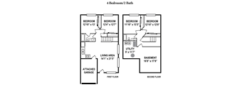 A floor plan of a 4 bedroom/2 bath home.