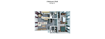 a 3d rendering of a bedroom floor plan with a bathroom and a living room