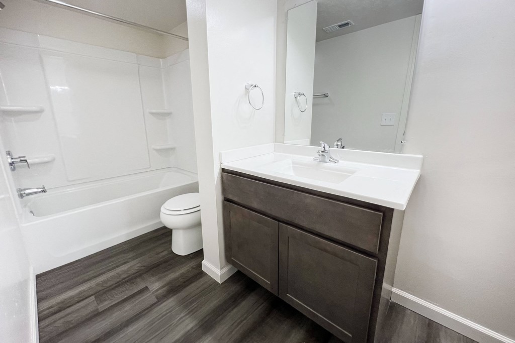 a bathroom with a sink and a toilet and a bath tub at Deercross Apartments, Cincinnati, OH
