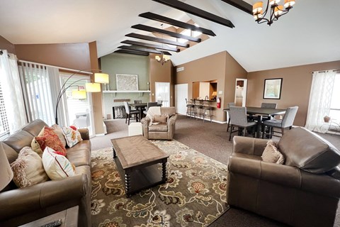 A living room with brown leather furniture and a patterned rug.