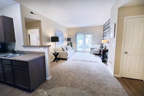 A living room with a couch, a chair, a rug, and a kitchen area with a sink and cabinets.