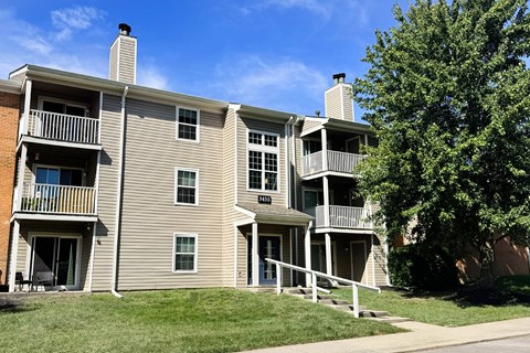Apartment building with a tree in front.