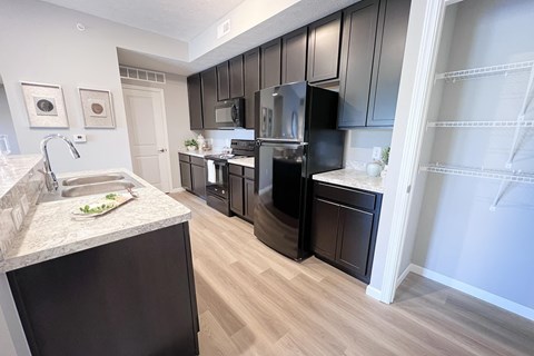 A kitchen with black cabinets and a marble countertop.