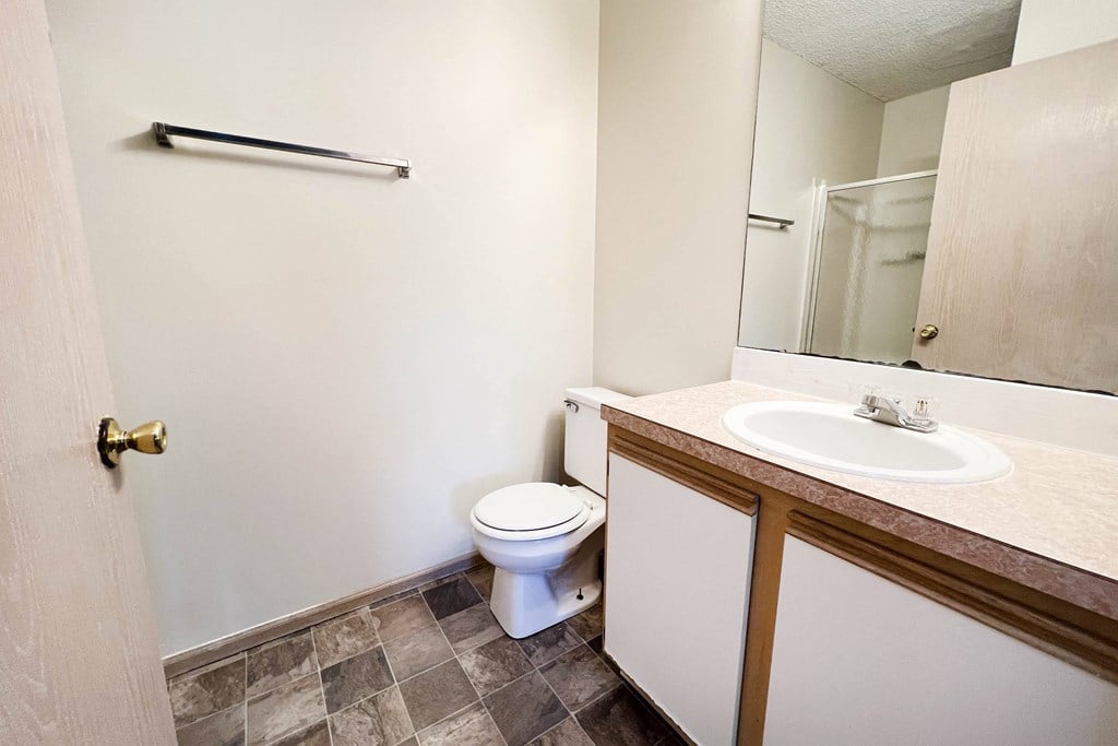 a bathroom with a sink and a toilet and a mirror at Eagle Crest Apartments, Galloway, 43119