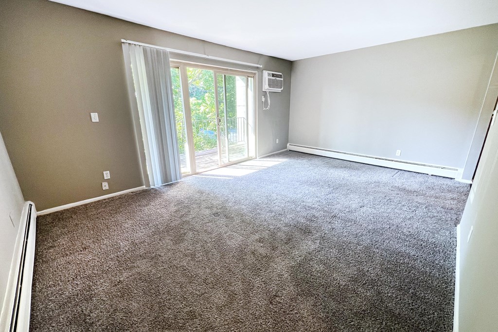 an empty living room with carpet and a sliding glass door