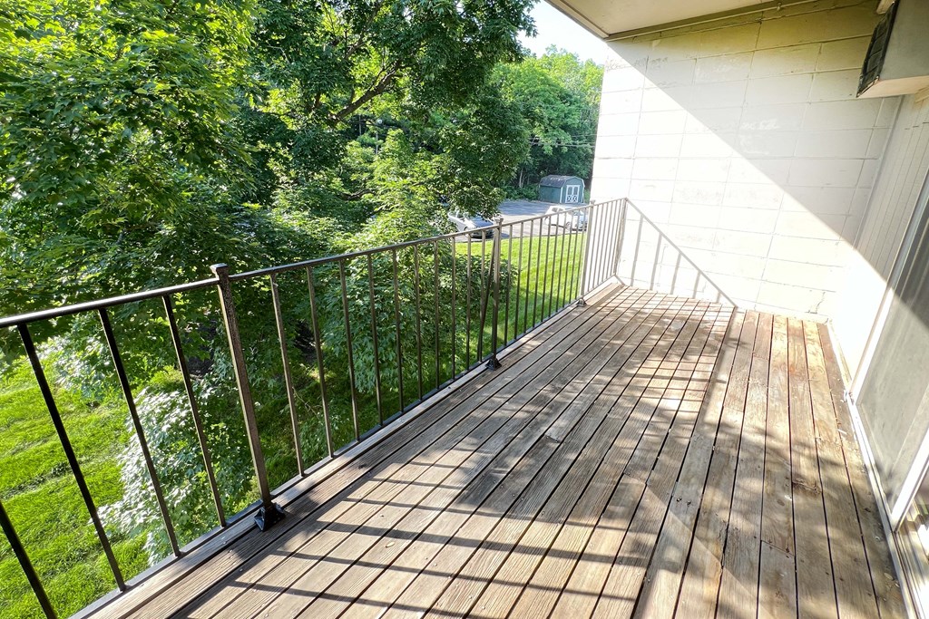 the balcony has a view of the trees and the river