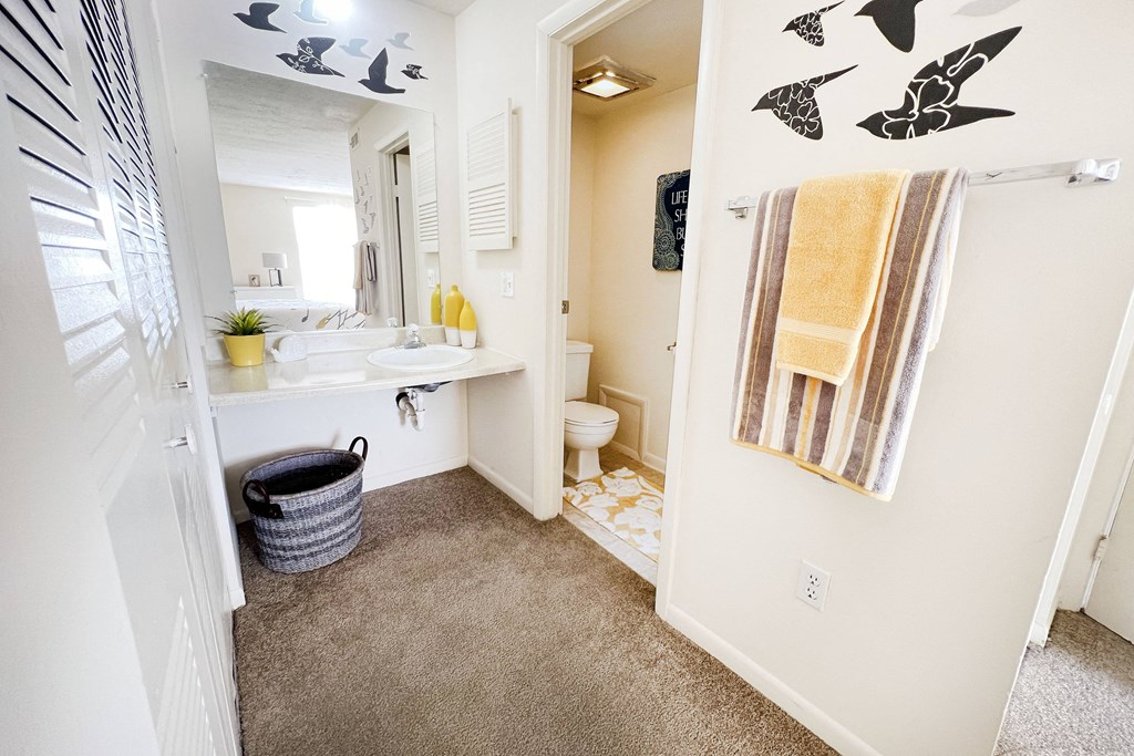 a bathroom with a sink and a mirror and a shower at Miamisburg by the Mall, Ohio