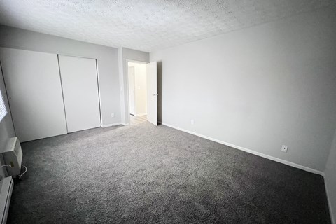 A room with a carpeted floor and a white door.