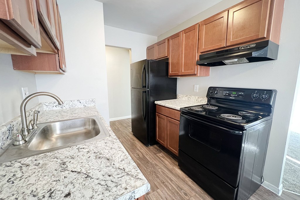 A black refrigerator and stove in a kitchen with wooden cabinets.