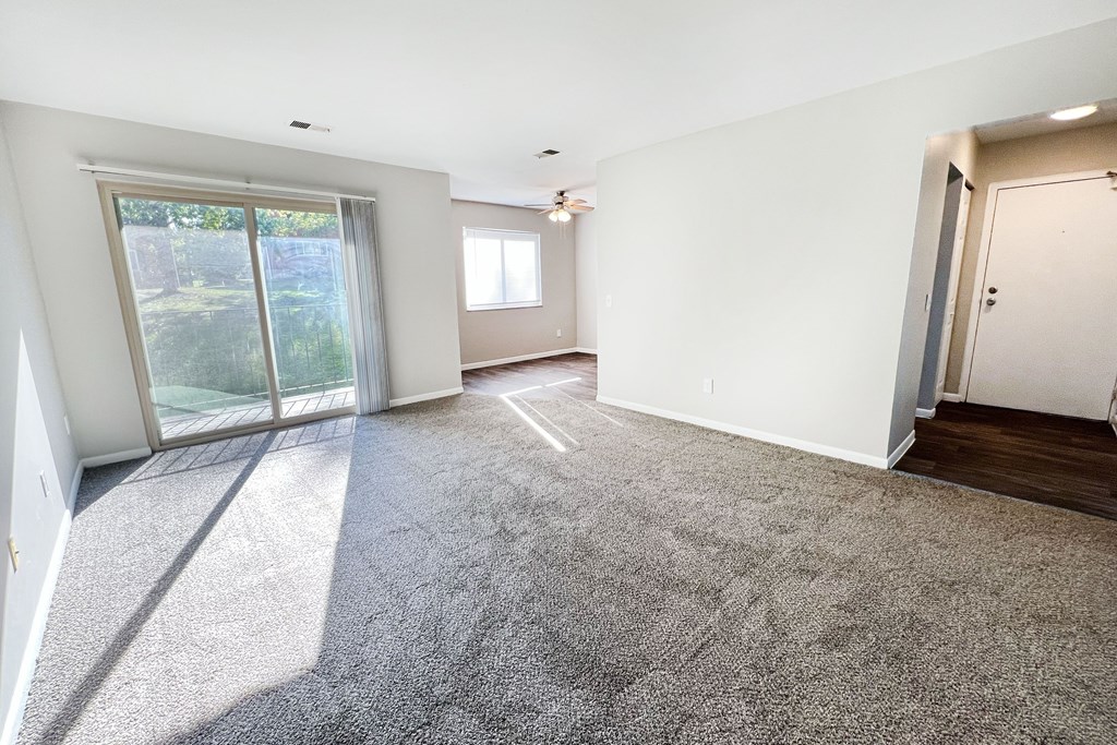 A spacious room with a carpeted floor and a sliding glass door leading to a backyard.