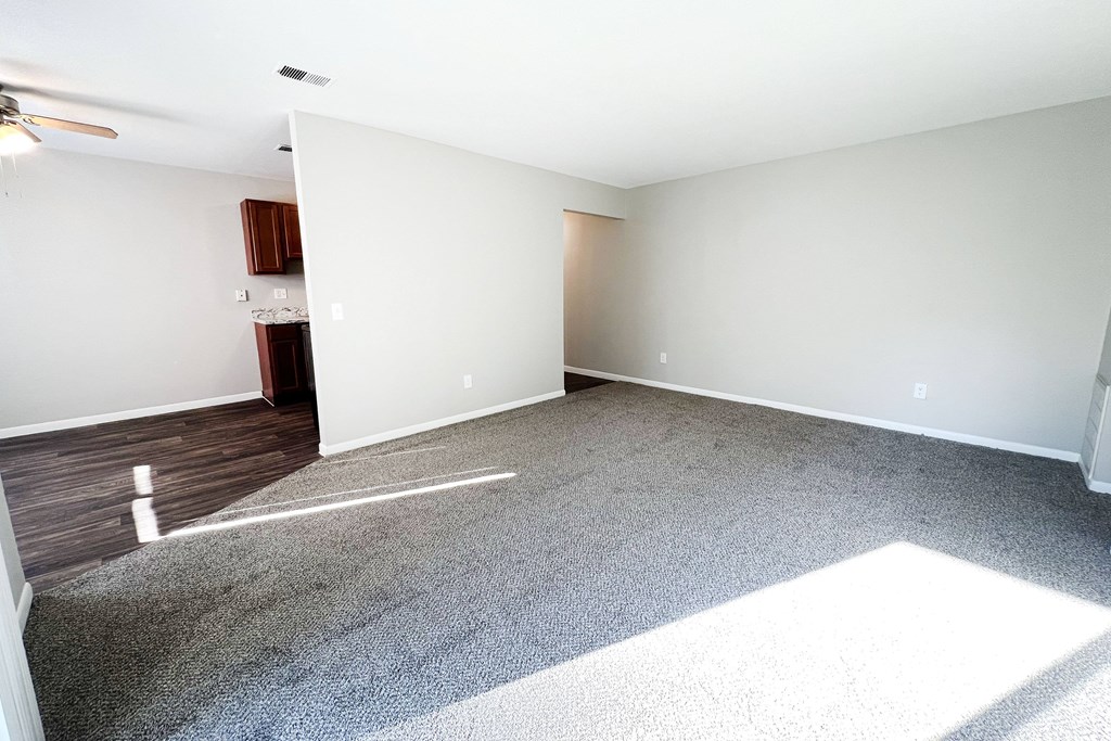A spacious room with a carpeted floor and a ceiling fan.