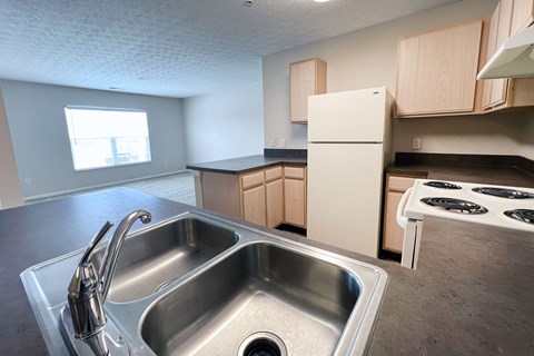 A kitchen with a stainless steel sink and a white refrigerator.