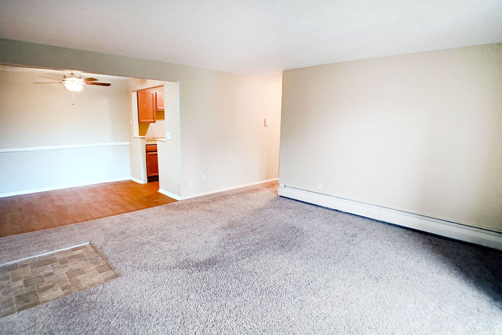 A room with a carpeted floor and a ceiling fan.