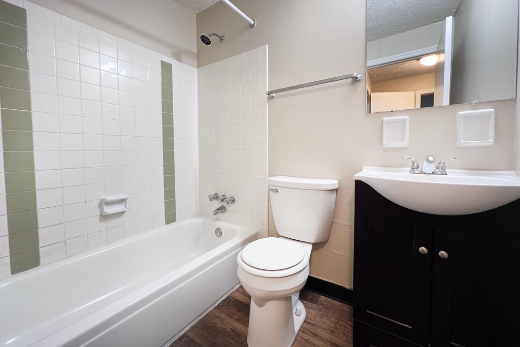 A white toilet sits next to a bathtub in a bathroom.