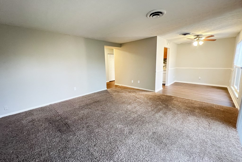 A room with a carpeted floor and a ceiling fan.