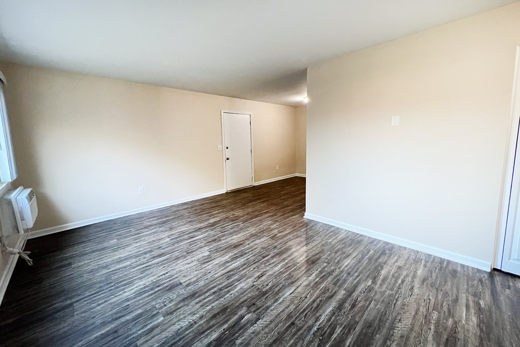 A room with wood flooring and a white door.