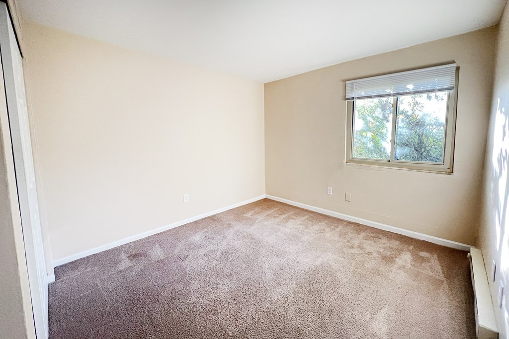 A room with a carpeted floor and a window.
