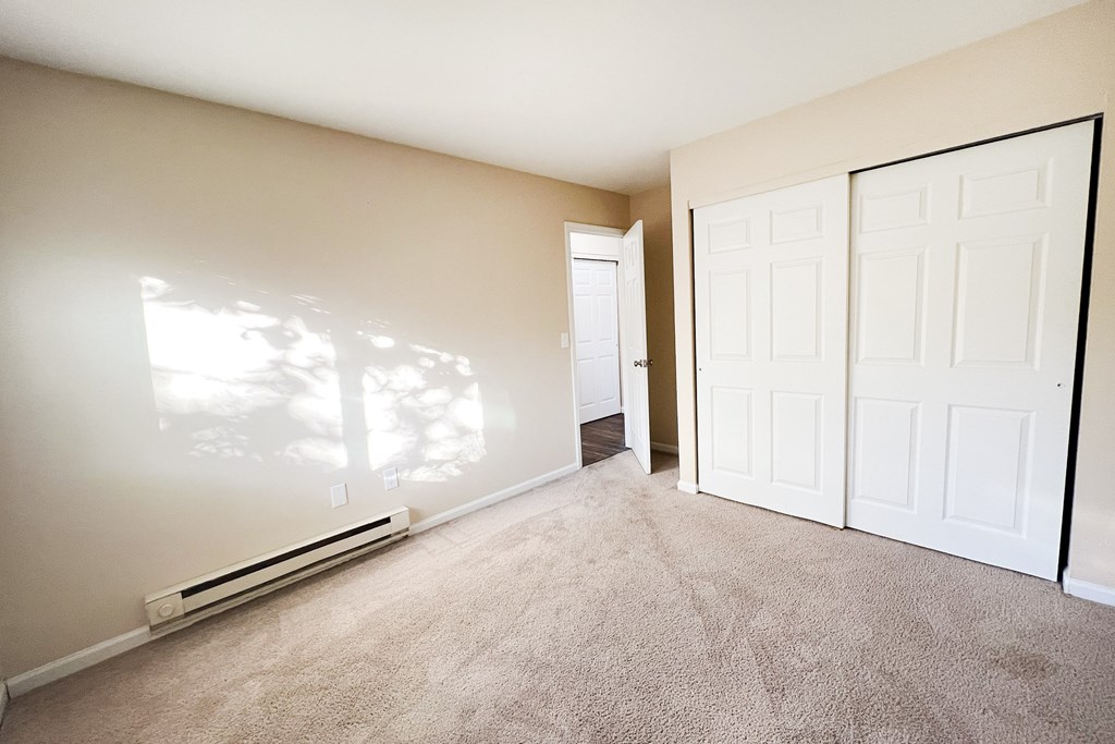 A room with a carpeted floor and two white doors.