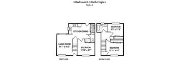 A floor plan of a 3 Bedroom/1.5 Bath Duplex in Style A.