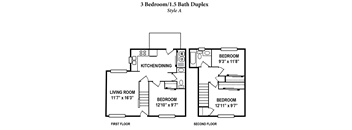 A drawing of a 3 Bedroom/1.5 Bath Duplex in Style A.
