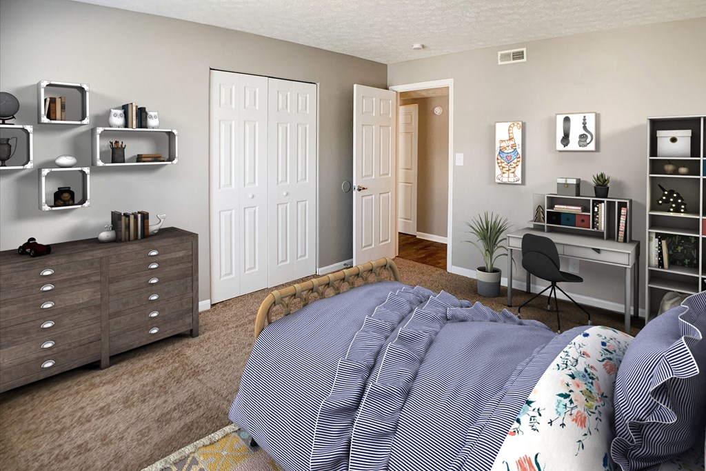 a bedroom with a bed and a dresser and a closet at Knobs Pointe Apartments, New Albany, IN