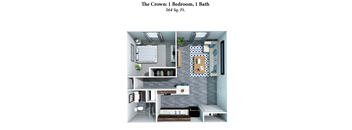 A 3D rendered image of a small apartment layout with a bedroom and bathroom.