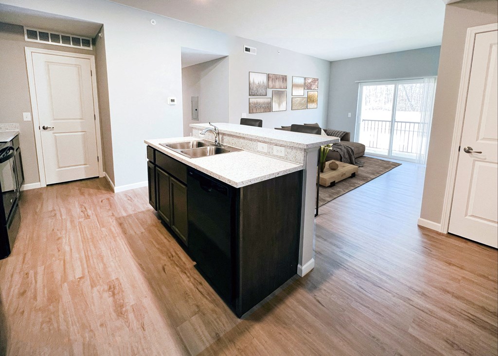 a view of a kitchen and living room with a wood floor
