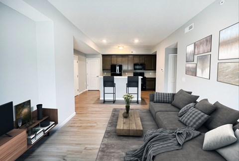 A modern living room with a grey couch and a wooden coffee table.