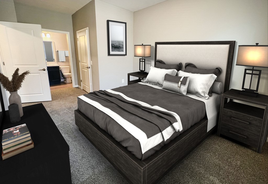 a bedroom with a large bed and a closet